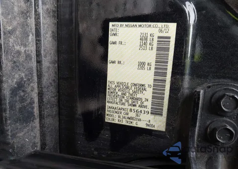 2012 Nissan Maxima 3.5 Sv из США, поврежденный, VIN 1N4AA5APXCC856439